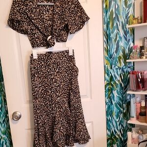 Leopard Print Ruffle Hem Midi Skirt - Black & Tan